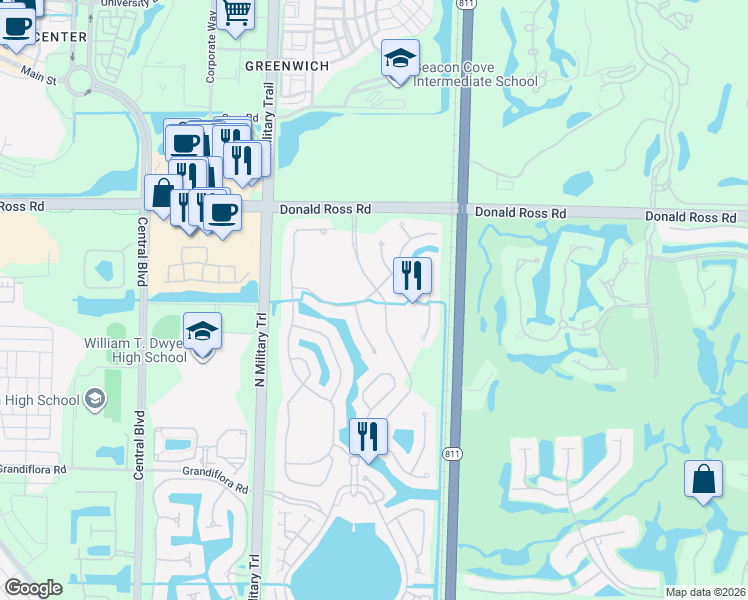 map of restaurants, bars, coffee shops, grocery stores, and more near 1200 Merlot Drive in Palm Beach Gardens