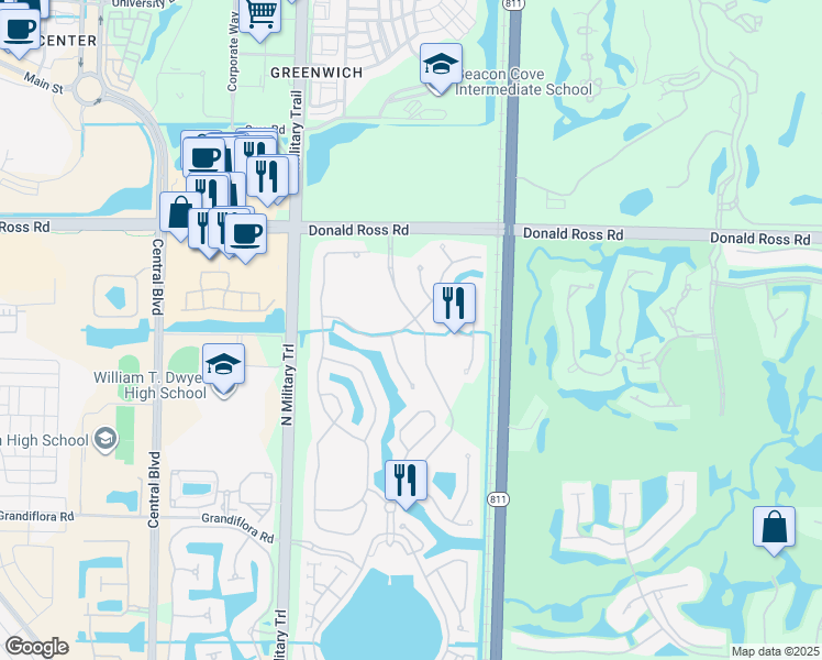 map of restaurants, bars, coffee shops, grocery stores, and more near 1827 Flower Drive in Palm Beach Gardens