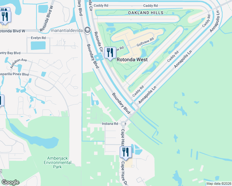 map of restaurants, bars, coffee shops, grocery stores, and more near 75a Boundary Boulevard in Rotonda West