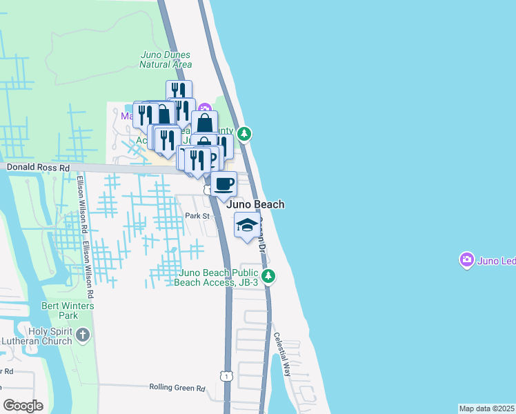 map of restaurants, bars, coffee shops, grocery stores, and more near Ocean Drive & Atlantic Boulevard in Juno Beach
