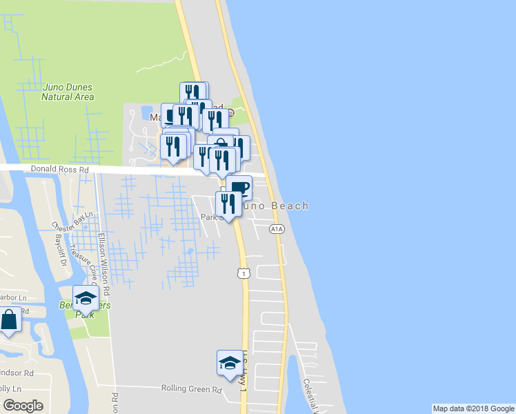 map of restaurants, bars, coffee shops, grocery stores, and more near 455 Ocean Ridge Way in Juno Beach