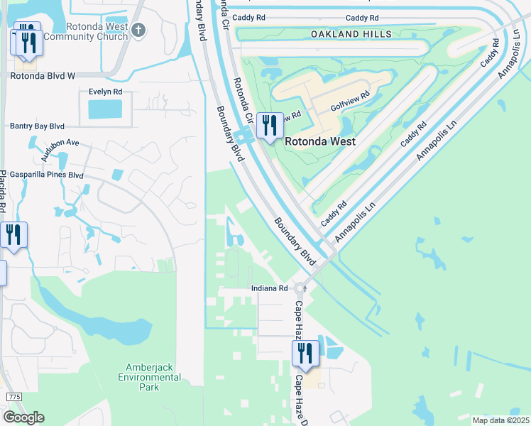 map of restaurants, bars, coffee shops, grocery stores, and more near 75a Boundary Boulevard in Rotonda West