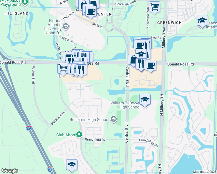 map of restaurants, bars, coffee shops, grocery stores, and more near 4851 Bonsai Circle in Palm Beach Gardens