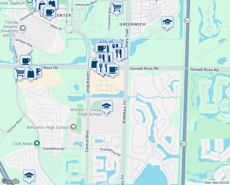 map of restaurants, bars, coffee shops, grocery stores, and more near 4511 Artesa Way South in Palm Beach Gardens