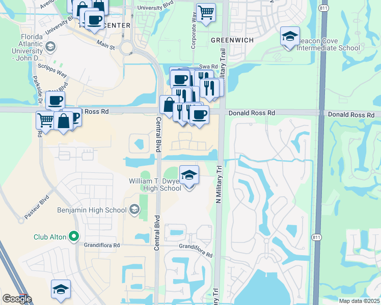 map of restaurants, bars, coffee shops, grocery stores, and more near 4539 Artesa Way South in Palm Beach Gardens