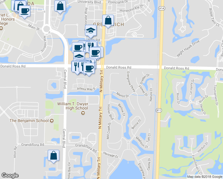 map of restaurants, bars, coffee shops, grocery stores, and more near 1102 Vintner Boulevard in Palm Beach Gardens