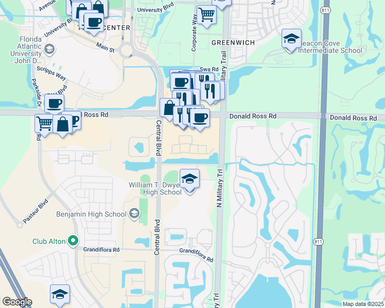 map of restaurants, bars, coffee shops, grocery stores, and more near Artesa Way South in Palm Beach Gardens