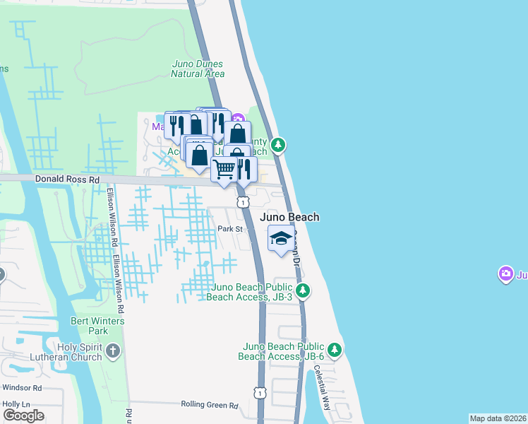 map of restaurants, bars, coffee shops, grocery stores, and more near 475 Ocean Ridge Way in Juno Beach