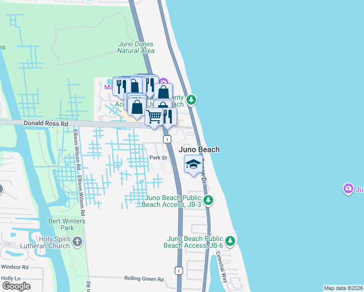 map of restaurants, bars, coffee shops, grocery stores, and more near 475 Ocean Ridge Way in Juno Beach