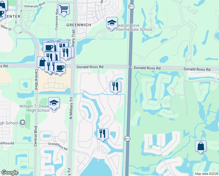 map of restaurants, bars, coffee shops, grocery stores, and more near 1827 Flower Drive in Palm Beach Gardens