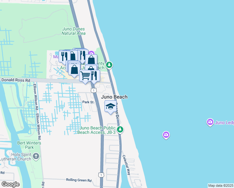 map of restaurants, bars, coffee shops, grocery stores, and more near in Juno Beach