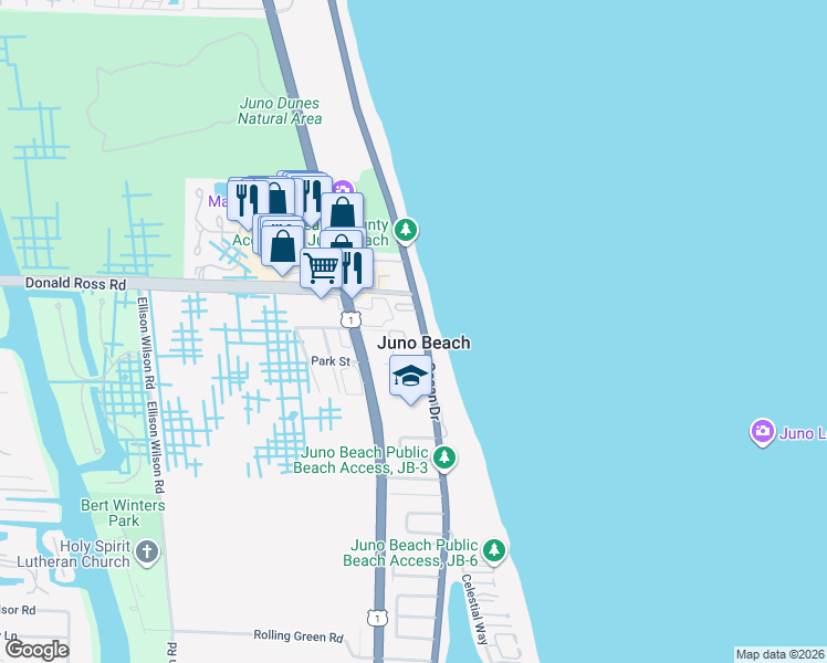 map of restaurants, bars, coffee shops, grocery stores, and more near 911 Ocean Drive in Juno Beach