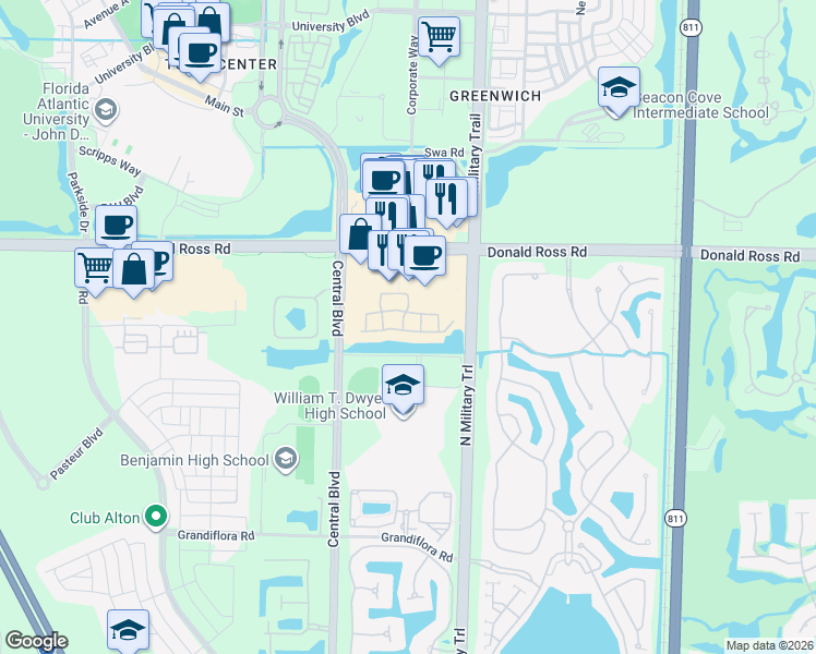 map of restaurants, bars, coffee shops, grocery stores, and more near 4535 Artesa Way North in Palm Beach Gardens
