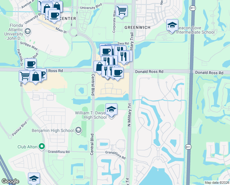 map of restaurants, bars, coffee shops, grocery stores, and more near 4535 Artesa Way North in Palm Beach Gardens