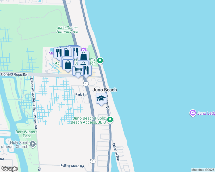 map of restaurants, bars, coffee shops, grocery stores, and more near 900 Ocean Drive in Juno Beach