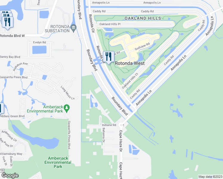map of restaurants, bars, coffee shops, grocery stores, and more near 75a Boundary Boulevard in Rotonda West