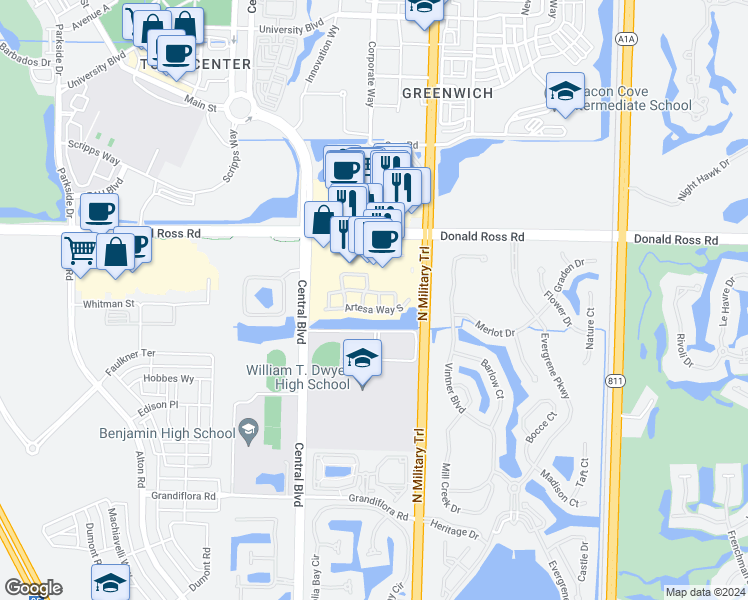 map of restaurants, bars, coffee shops, grocery stores, and more near 4809 Sawgrass Breeze Drive in Palm Beach Gardens