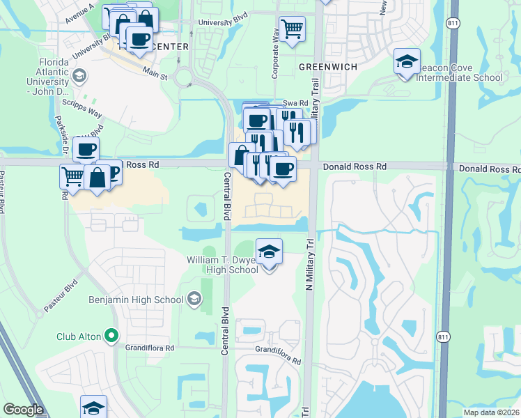 map of restaurants, bars, coffee shops, grocery stores, and more near 4569 Artesa Way North in Palm Beach Gardens