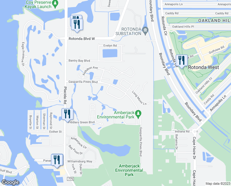 map of restaurants, bars, coffee shops, grocery stores, and more near 6796 Gasparilla Pines Boulevard in Englewood