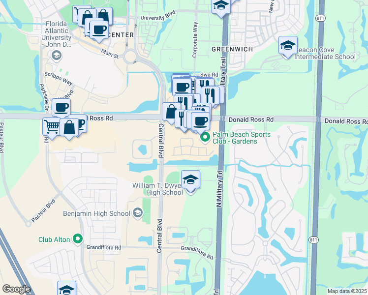 map of restaurants, bars, coffee shops, grocery stores, and more near 5010 Vine Cliff Way West in Palm Beach Gardens