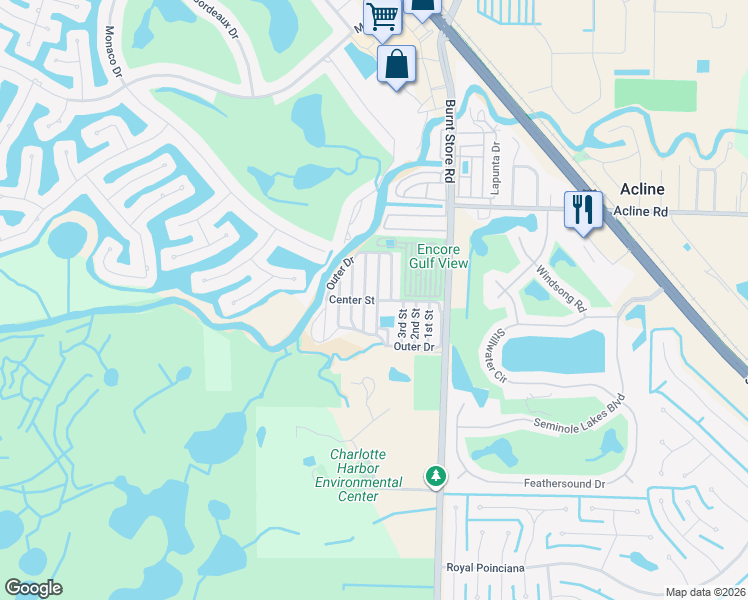 map of restaurants, bars, coffee shops, grocery stores, and more near 171 Outer Drive in Punta Gorda