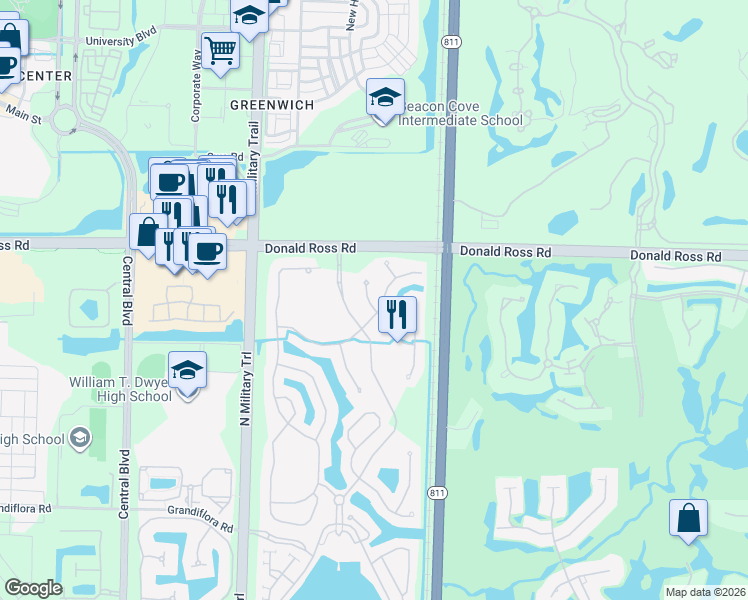 map of restaurants, bars, coffee shops, grocery stores, and more near 1920 Flower Drive in Palm Beach Gardens