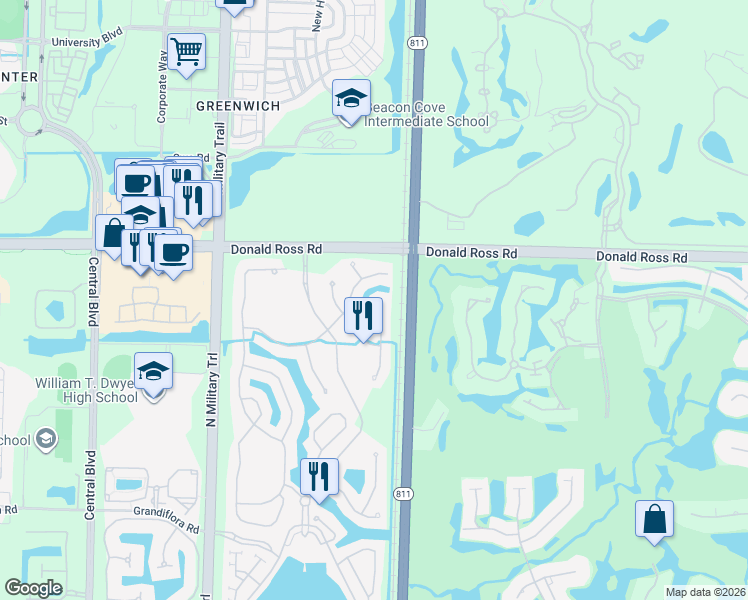 map of restaurants, bars, coffee shops, grocery stores, and more near 1727 Nature Court in Palm Beach Gardens