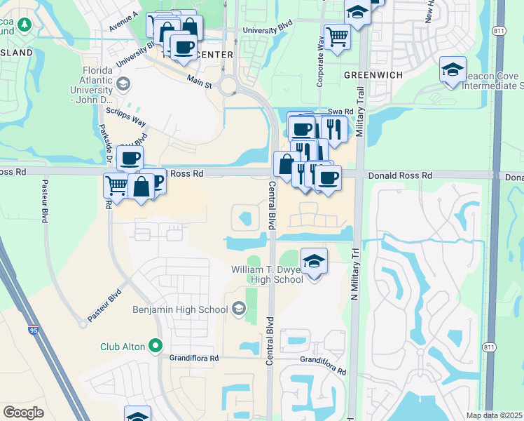 map of restaurants, bars, coffee shops, grocery stores, and more near 4991 Bonsai Circle in West Palm Beach