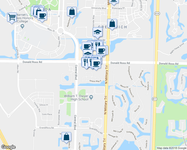 map of restaurants, bars, coffee shops, grocery stores, and more near 4920 Vine Cliff Way East in Palm Beach Gardens