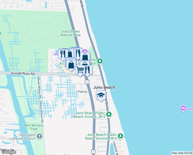 map of restaurants, bars, coffee shops, grocery stores, and more near 1045 Donald Ross Road in Juno Beach