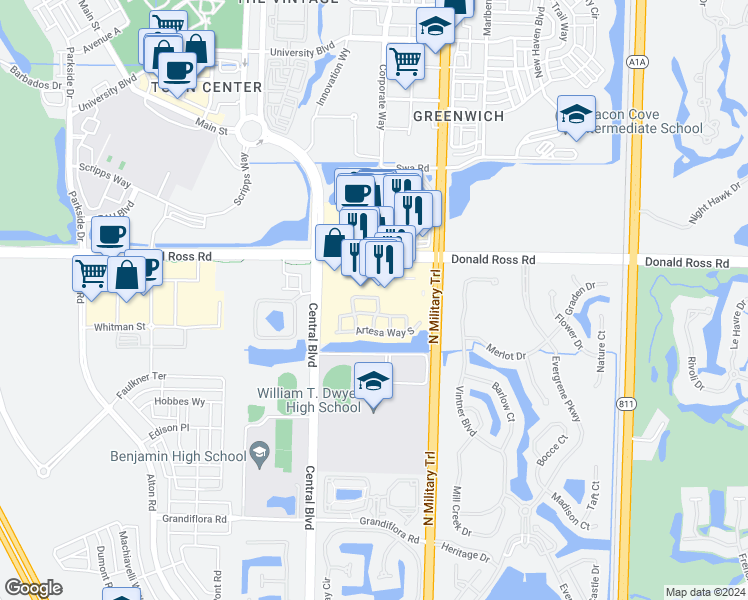 map of restaurants, bars, coffee shops, grocery stores, and more near 4923 Vine Cliff Way East in Palm Beach Gardens