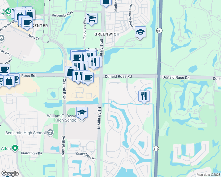 map of restaurants, bars, coffee shops, grocery stores, and more near 1116 Vintner Boulevard in Palm Beach Gardens