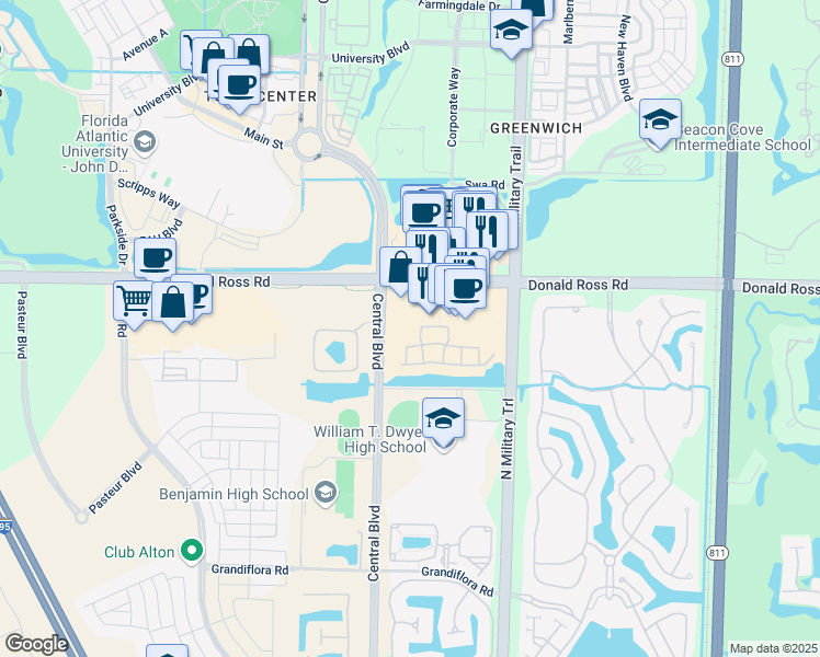 map of restaurants, bars, coffee shops, grocery stores, and more near 4700 Donald Ross Rd in Palm Beach Gardens