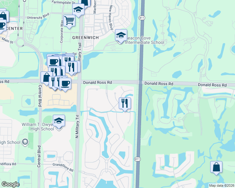 map of restaurants, bars, coffee shops, grocery stores, and more near 1920 Flower Drive in Palm Beach Gardens
