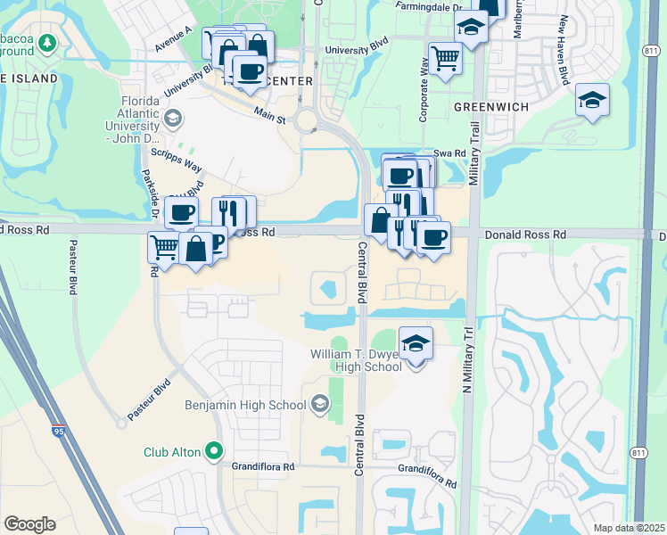 map of restaurants, bars, coffee shops, grocery stores, and more near 4880 Donald Ross Road in Palm Beach Gardens