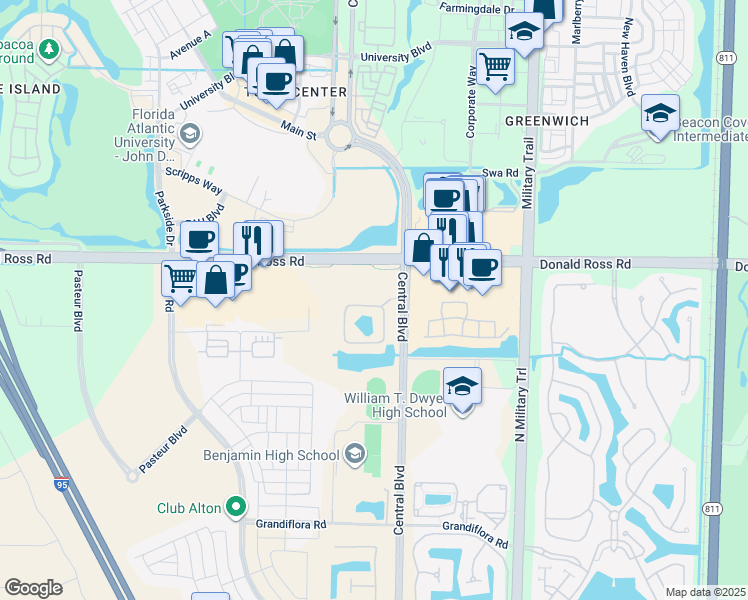 map of restaurants, bars, coffee shops, grocery stores, and more near 4851 Bonsai Circle in Palm Beach Gardens