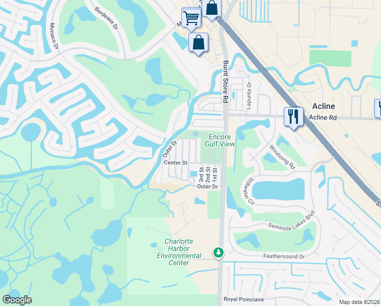 map of restaurants, bars, coffee shops, grocery stores, and more near 171 Outer Drive in Punta Gorda