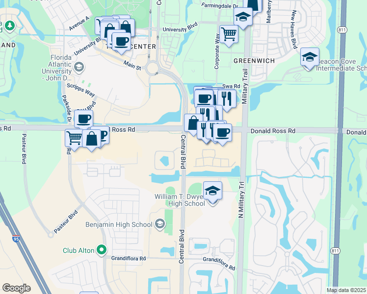 map of restaurants, bars, coffee shops, grocery stores, and more near Central Blvd & Bonsai Cir in Palm Beach Gardens