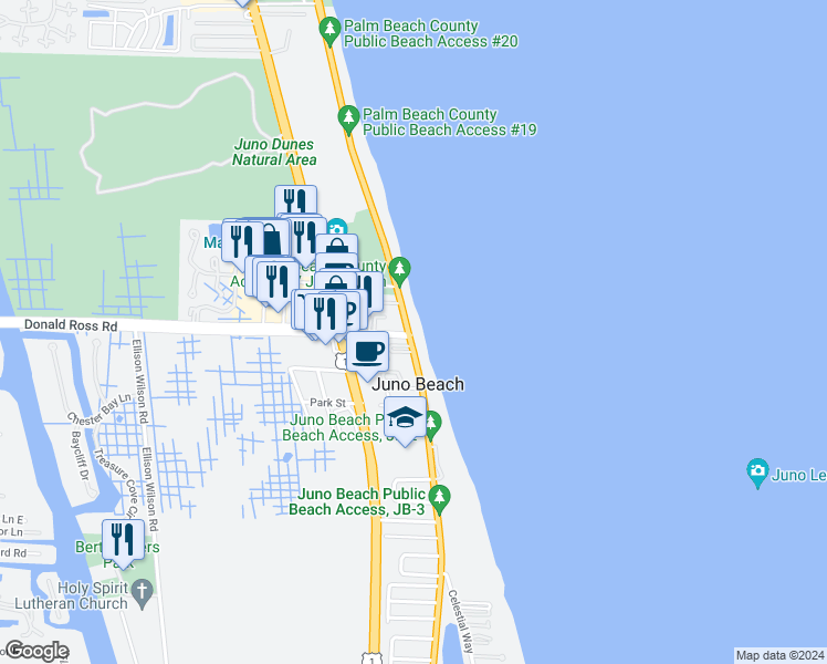 map of restaurants, bars, coffee shops, grocery stores, and more near 1000 Ocean Drive in Juno Beach