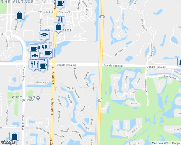 map of restaurants, bars, coffee shops, grocery stores, and more near 2012 Graden Drive in Palm Beach Gardens
