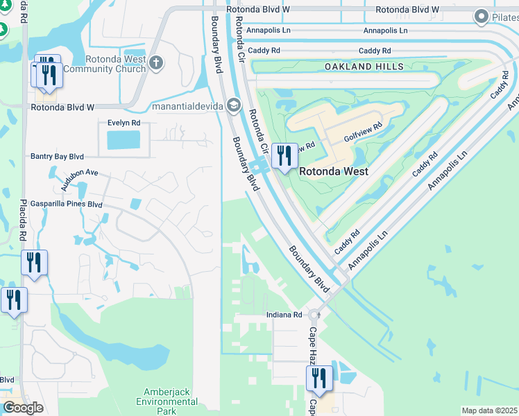 map of restaurants, bars, coffee shops, grocery stores, and more near 97 Boundary Boulevard in Rotonda West