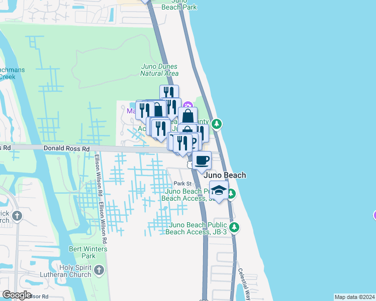 map of restaurants, bars, coffee shops, grocery stores, and more near U.S. Hwy 1 & Donald Ross Rd in Juno Beach