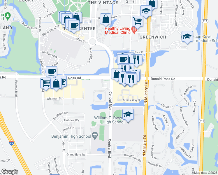 map of restaurants, bars, coffee shops, grocery stores, and more near 4930 Bonsai Circle in Palm Beach Gardens