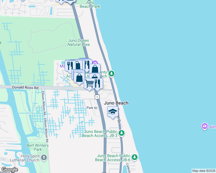 map of restaurants, bars, coffee shops, grocery stores, and more near 1045 Donald Ross Road in Juno Beach