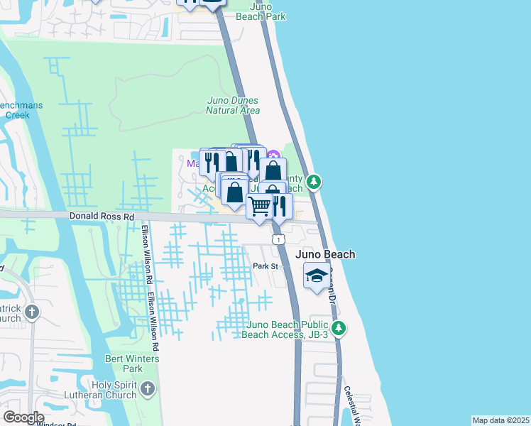 map of restaurants, bars, coffee shops, grocery stores, and more near 13901 U.S. 1 in Juno Beach
