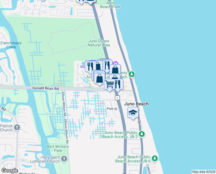 map of restaurants, bars, coffee shops, grocery stores, and more near 700-786 Donald Ross Road in Juno Beach