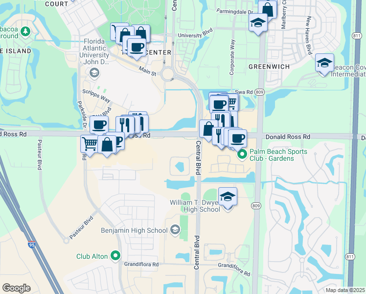map of restaurants, bars, coffee shops, grocery stores, and more near 4880 Donald Ross Road in Palm Beach Gardens