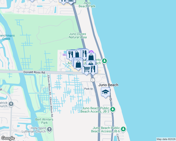 map of restaurants, bars, coffee shops, grocery stores, and more near in Juno Beach