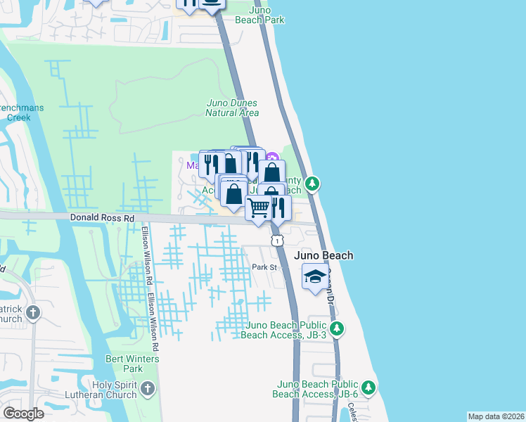 map of restaurants, bars, coffee shops, grocery stores, and more near in Juno Beach