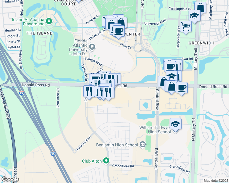 map of restaurants, bars, coffee shops, grocery stores, and more near 5220 Donald Ross Road in Palm Beach Gardens